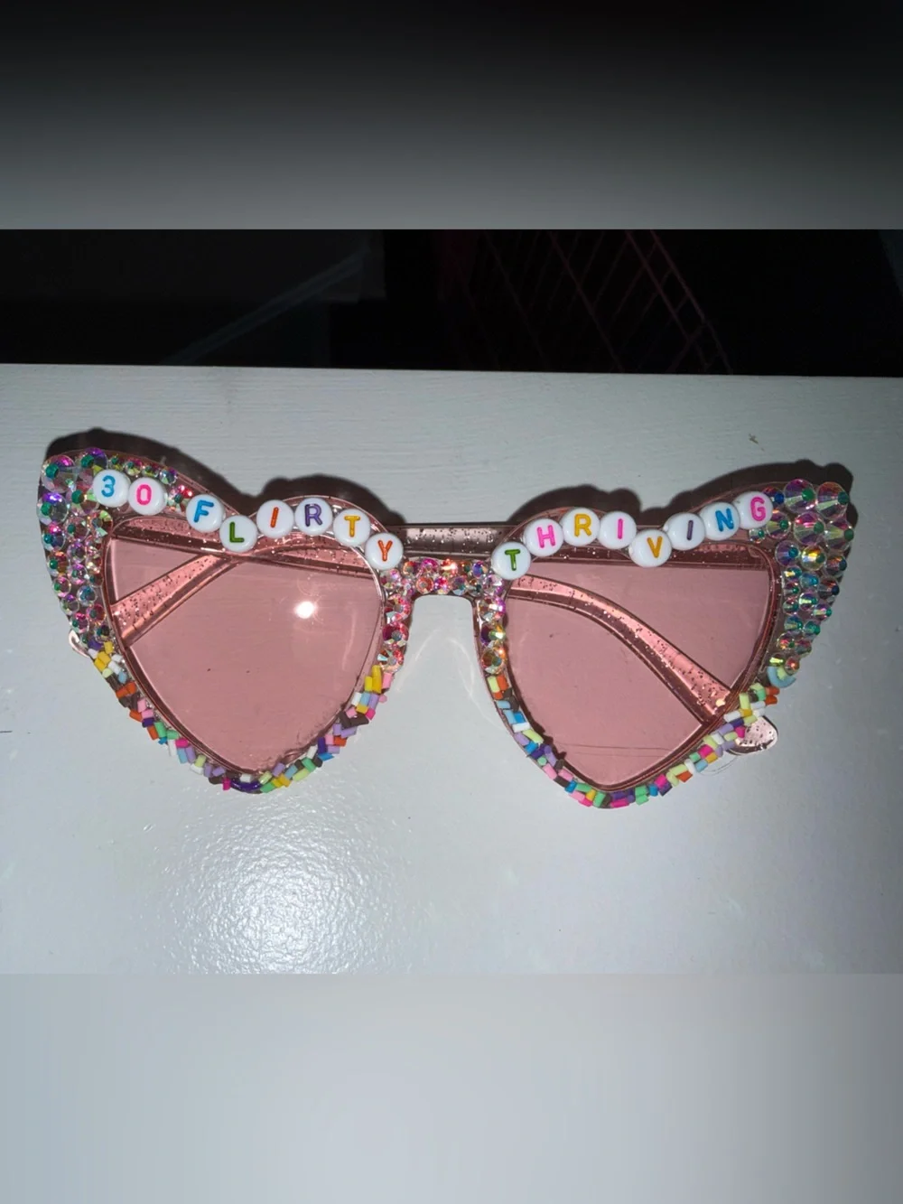 30th Birthday Pink Beaded Heart Sunglasses - '30 Flirty Thriving' Style